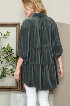 Dark Grey Lantern Sleeve Tunic Babydoll Velvet Shirt