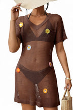 Floral-decorated V-neck Short-sleeved Crochet Cover-up Vacation Mini Dress