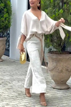 Joyful Bond Linen Blend V-neck Knotted Cuff Half Sleeve Loose Top