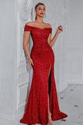 Sequin Off Shoulder Split Party Dress