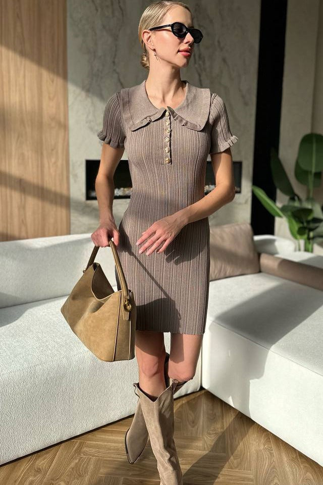 Fitted Peter Pan Collar ShortSleeve CableKnit Sweater Dress