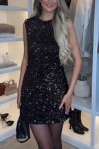 Glam Season Velvet Sequin Back Oversized Bow Design Sleeveless Loose Mini Dress