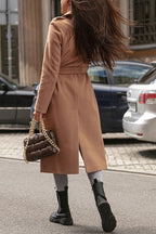 Simple Long-sleeved V-neck Tie Woolen Coat