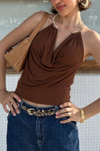 Fashionable Metal Ring Halter Neck Backless Draped Sleeveless Top