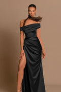 Satin Off-Shoulder Slit Party Dress