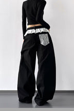 High Waist Lace Paneled Straight Wide Leg Floor Length Jeans