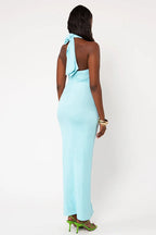 Butterfly Print Halter Backless High Slit Maxi Dress