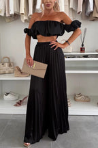 Jorie Satin Off Shoulder Puff Sleeve Crop Top and Elastic Waist Pleated Wide Leg Pants Set