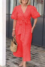 V-Neck Puff Sleeve Twisted Waist Tie Midi Dress