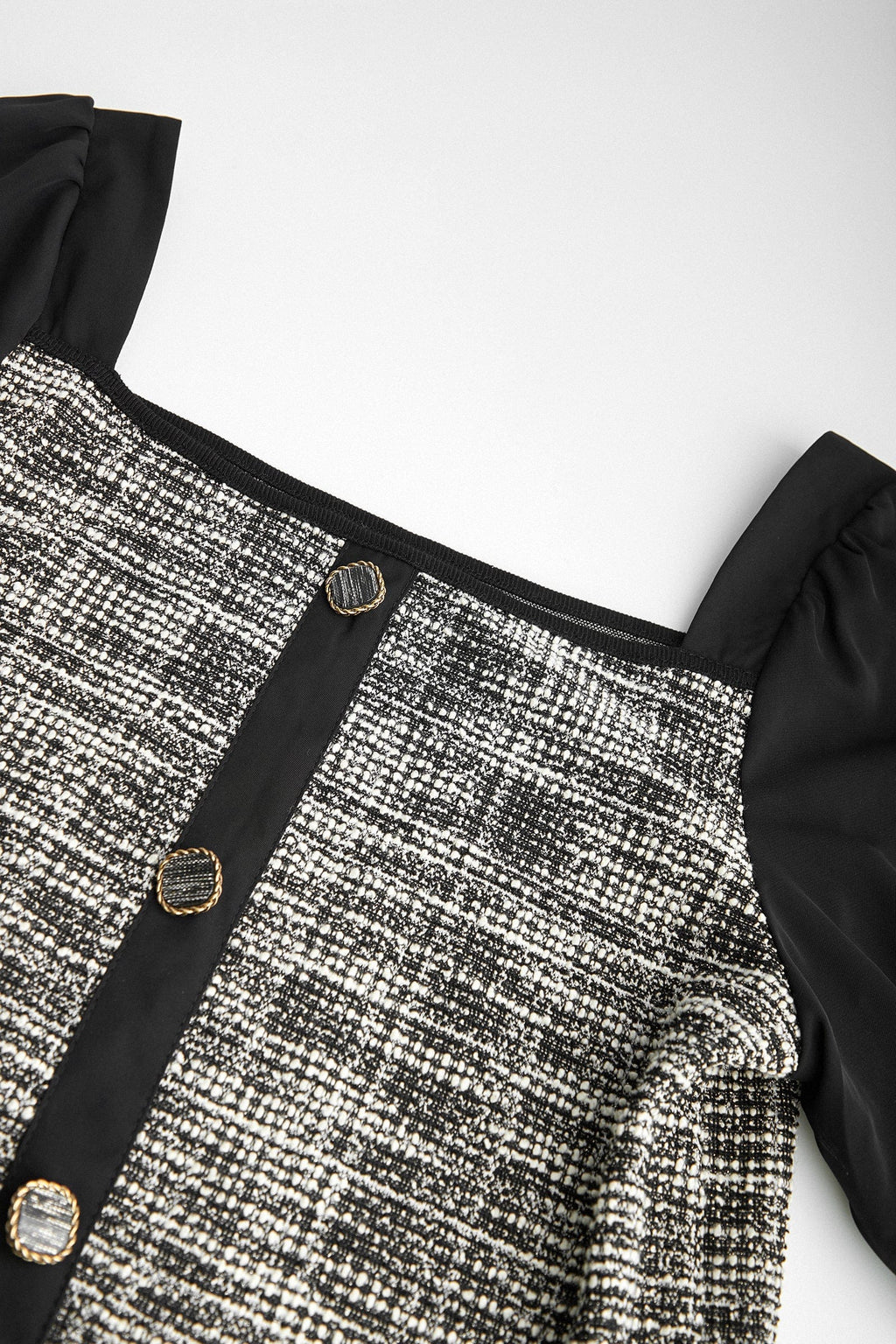 Black Tweed Square Neck Button Detail Puff Sleeve Blouse