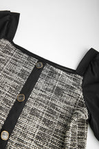 Black Tweed Square Neck Button Detail Puff Sleeve Blouse