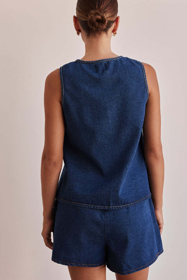 Stylish Elastic Waist Drawstring Pocket Casual Loose Denim Shorts