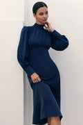 High Neck Long Sleeve A Line Midi Dress