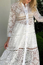 Solid Color Hollow Lace Lapel Button Long Shirt