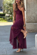 Burgundy One-Shoulder Tulle Ruched Waist Tiered Maxi Formal Dress