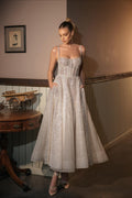 Cami Glitter Silver Boned Tulle Midi Reception Dress