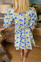 Watercolor Floral Print Tie-Waist Puff Sleeve Shirt Dress