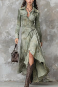 Fashionable Tie Dye Long-sleeved Slim-fit Tie-waist Irregular Maxi Dress