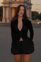 Stylish Solid Stand Collar Zipper Slim Long Sleeve Skirt Set