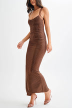 Midnight Fantasy Sequin Mesh Shoulder Strap Open Back Stretch Maxi Dress