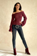 Solid Off Shoulder Rolled Edge Loose Knit Sweater