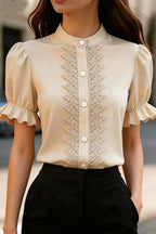 Solid Color Lace Patchwork Stand Collar Puff Sleeve Casual Shirt