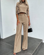 Fashionable solid color high waisted straight pants suit