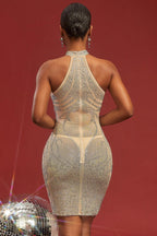 Halter Mesh Rhinestone Print Bodycon Cocktail Dress