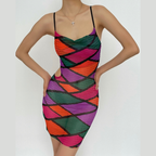 Hollow out sheer mesh see through print contrast cami dress