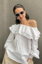 Slash Neck Ruffle Trim Blouse