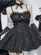 Corset ALine Mini Black Rose Print Lace Patchwork Shirring Backless Slip Nightclub Dress
