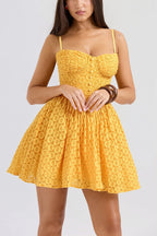 Lace Jacquard Backless Puff Mini Dress