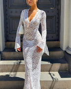 Floral Mesh Flare Sleeve Maxi Dress