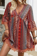 Bohemian Ethnic Print V-Neck Lace Trim Bell Sleeve Babydoll Dress