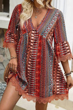 Bohemian Ethnic Print V-Neck Lace Trim Bell Sleeve Babydoll Dress