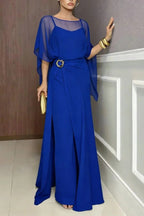 Vivian Chiffon Cape Top and Metal Buckle Wrap Wide-Leg Pants Set