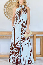 Printed Hollow Halter Sleeveless Waisted Wide Leg Jumpsuit
