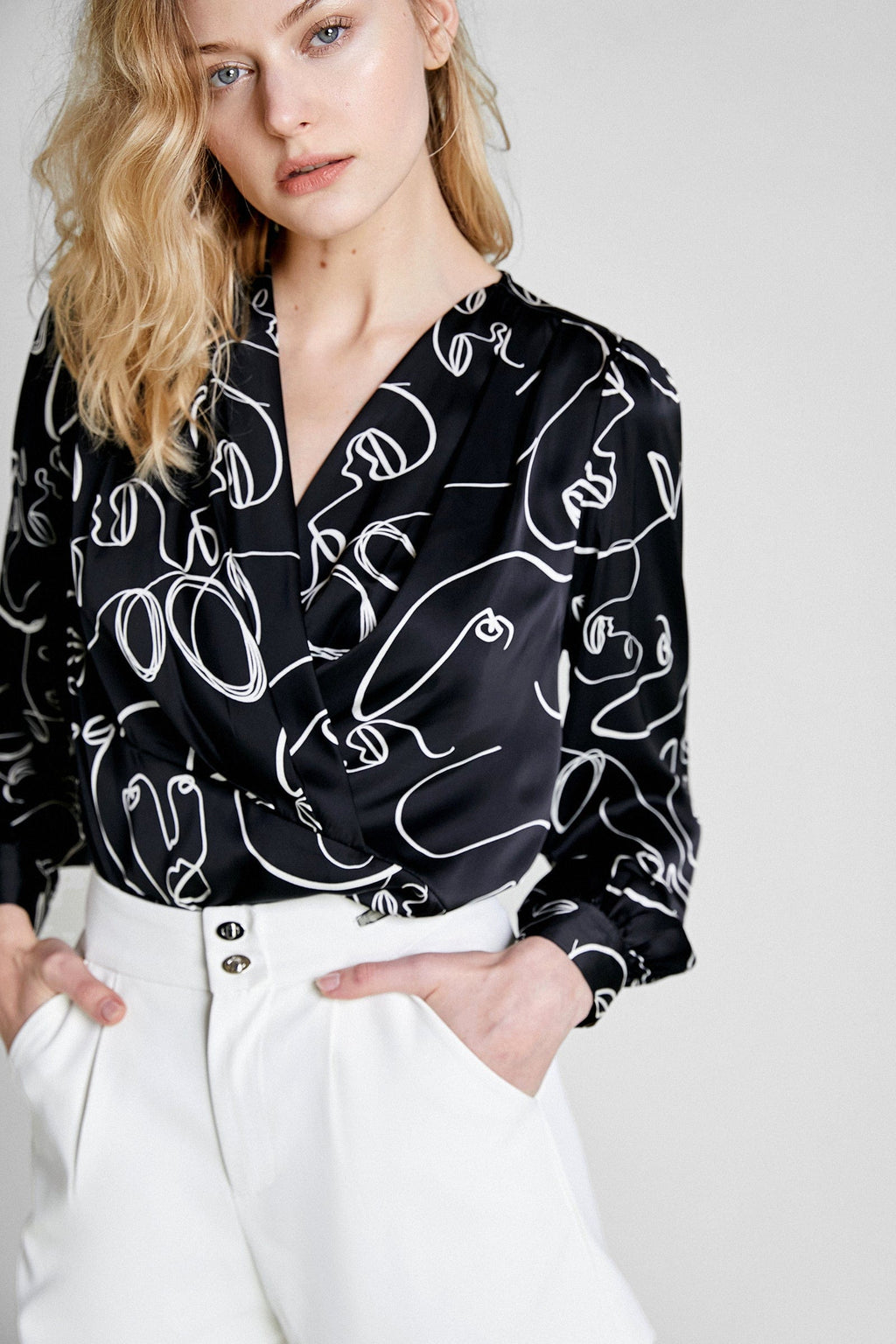 Black Abstract Face Print Surplice Shirt