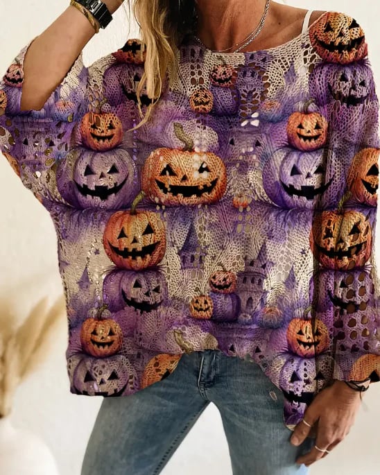 Halloween Pumpkin Print Long Sleeve Knit Top