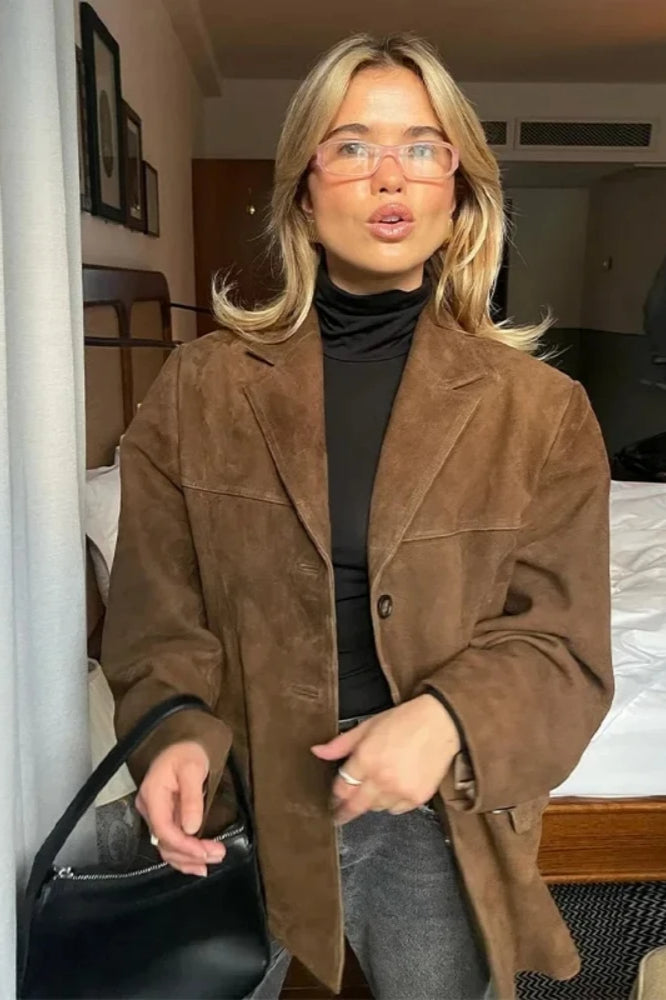 Brown SingleBreasted Suede Blazer