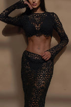 Balmy Summers Crochet Lace Floral Pattern Long Sleeve Crop Vacation Top