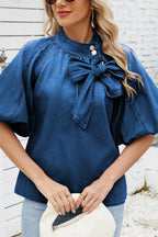 Fashionable Tie-up Bow Loose Lantern Sleeve Denim Top