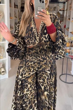 Gold Foil Leopard Print Balloon Sleeve Twist Top and High Rise Elastic Waist Oversized Flare Pants Set