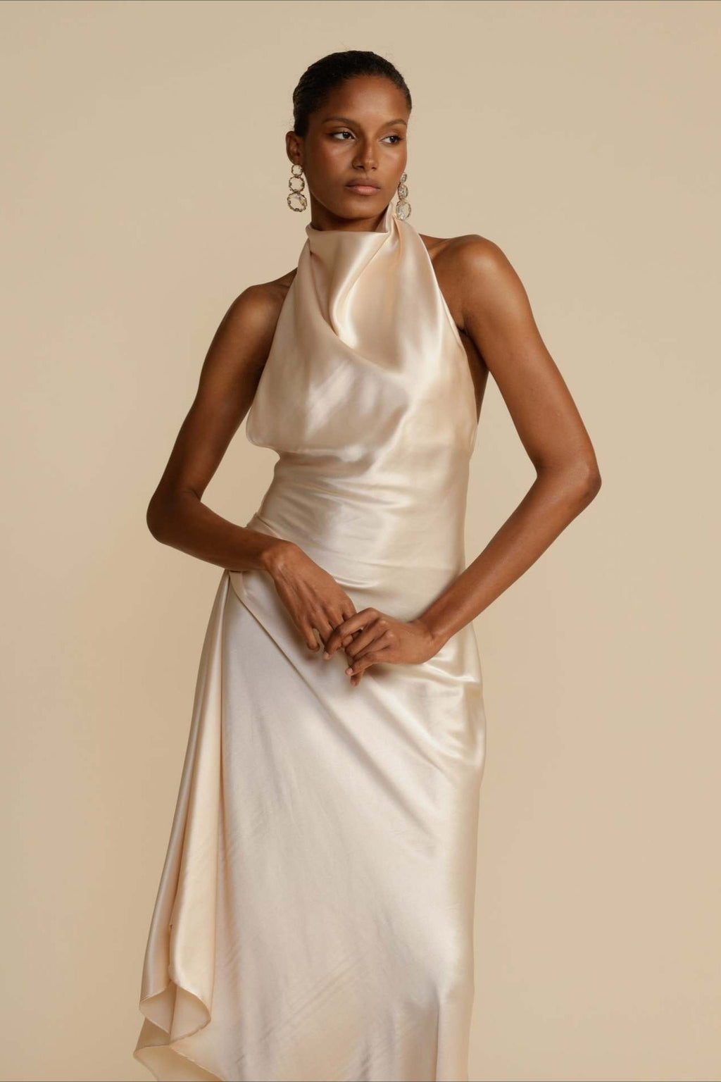 Elegant Solid Long Sleeve VNeck Satin Lurex Formal Dress