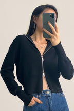 Black Wool-Blend Collared Zip-Up Cardigan