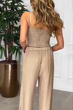 Kathy Linen Blend Cross Halter Smocked Top and Elastic Waist Wrap Tie-up Pants Set