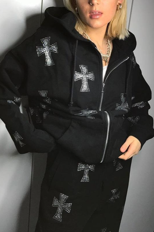 Cross Rhinestone FullZip Loose Hoodie