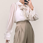 Floral White Sheer Button-Up Tie Neck Blouse