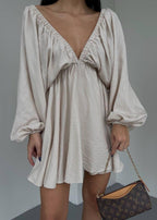 Deep V-Neck Lantern Sleeve Mini Dress – Flowy Loose Fit