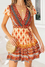 Florcoo Spring And Summer Fashion Retro V-Neck Print Short Sleeves Mini Dress